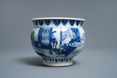 A rare Chinese blue and white censer with figures in a landscape, Transitional period