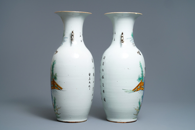 A pair of Chinese famille rose vases with ladies in a garden, 19/20th C.