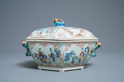 A Chinese hexagonal famille rose 'mandarin' tureen and cover on stand, Qianlong