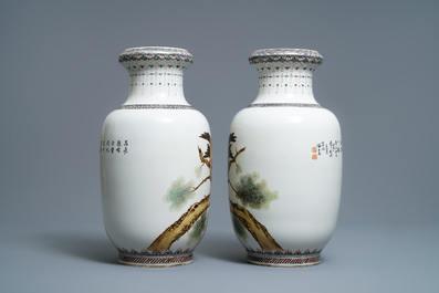 A pair of Chinese polychrome vases with birds of prey, signed Cheng Yiting (1885-1948), dated 1931