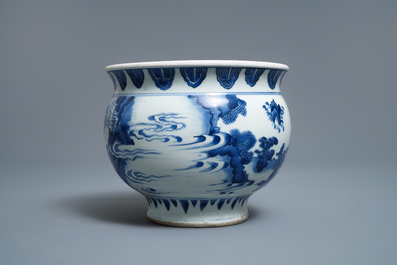 A rare Chinese blue and white censer with figures in a landscape, Transitional period