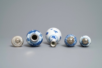 Nine Chinese blue and white silver-mounted vases, Kangxi