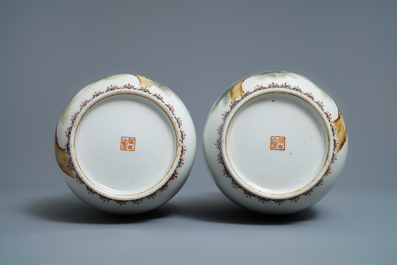 A pair of Chinese polychrome vases with birds of prey, signed Cheng Yiting (1885-1948), dated 1931