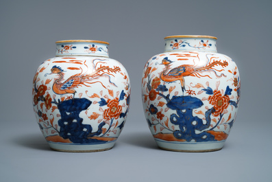 A pair of Chinese Imari-style 'qilin and phoenix' jars and covers, Kangxi