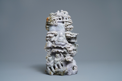 A Chinese jadeite vase and cover with Buddha and playing children, 19/20th C.