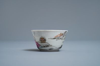 A Chinese famille rose 'amorous couple' cup and saucer, Qianlong