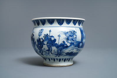 A rare Chinese blue and white censer with figures in a landscape, Transitional period