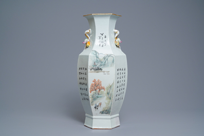 A Chinese hexagonal qianjiang cai 'immortals' vase, 19/20th C.