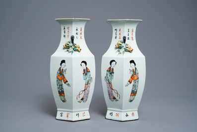 A pair of Chinese hexagonal qianjiang cai vases with ladies, 19/20th C.