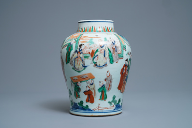 A Chinese wucai vase with wooden cover, Transitional period