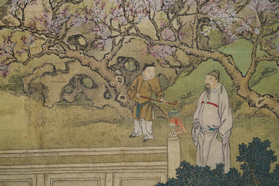 Ecole chinoise, 18/19&egrave;me, encre et couleurs sur soie: 'personnages aupr&egrave;s d'une pagode'