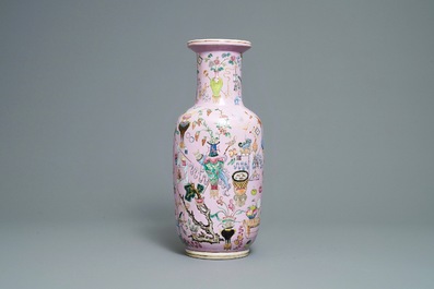 A Chinese famille rose pink-ground rouleau vase, 19th C.