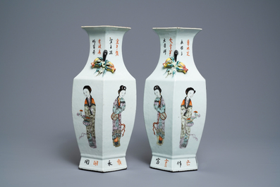 A pair of Chinese hexagonal qianjiang cai vases with ladies, 19/20th C.