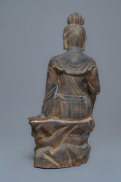 A large Chinese cast iron figure of Guanyin with inscription on the back, Ming/Qing