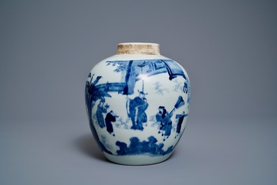 Een Chinese blauw-witte gemberpot met figuren in een landschap en een houten deksel, Transitie periode