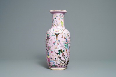 A Chinese famille rose pink-ground rouleau vase, 19th C.