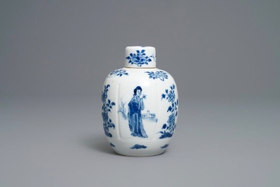 Een Chinese blauw-witte theebus en deksel met Lange Lijzen en bloemen, Kangxi