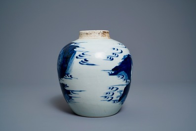 A Chinese blue and white ginger jar with figures in a landscape and a wooden cover, Transitional period