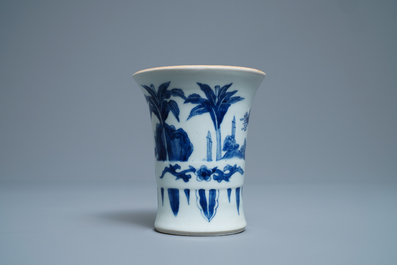 A Chinese blue and white brush pot with figures in a garden, Transitional period