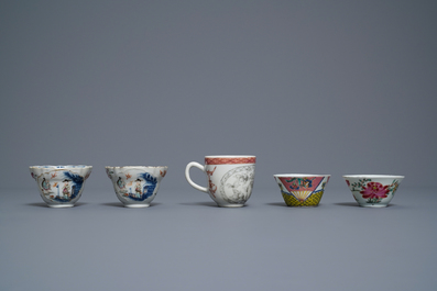 Five Chinese famille rose cups and saucers and two 'Mandarin' teapots, Yongzheng/Qianlong