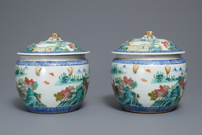 A pair of Chinese famille rose bowls and covers with landscapes, Qianlong mark, Republic