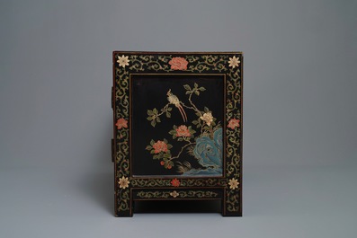 Two Chinese famille rose landscape plaques in a lacquered chest, marked Wang Yeting, 19/20th C.