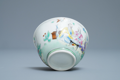 A Chinese famille rose cup and saucer after Cornelis Pronk: 'Doctor's visit', Qianlong