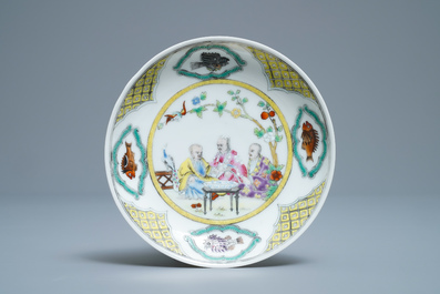 A Chinese famille rose cup and saucer after Cornelis Pronk: 'Doctor's visit', Qianlong