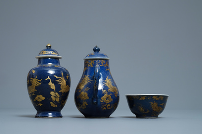 Une th&eacute;i&egrave;re, un cremier et un bol en porcelaine de Chine bleu poudr&eacute; &agrave; d&eacute;cor dor&eacute;, Yongzheng