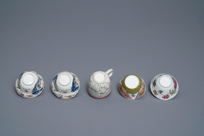 Five Chinese famille rose cups and saucers and two 'Mandarin' teapots, Yongzheng/Qianlong