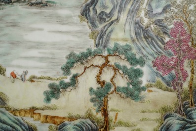 Two Chinese famille rose landscape plaques in a lacquered chest, marked Wang Yeting, 19/20th C.