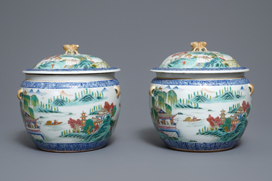 A pair of Chinese famille rose bowls and covers with landscapes, Qianlong mark, Republic