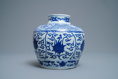 A Chinese blue and white 'lotus scroll' jar, dated 1587, Wanli mark and of the period