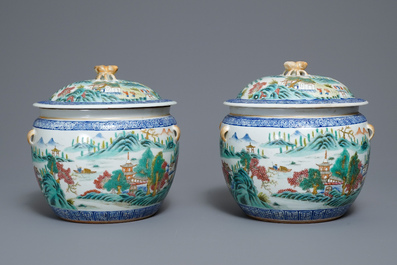 A pair of Chinese famille rose bowls and covers with landscapes, Qianlong mark, Republic