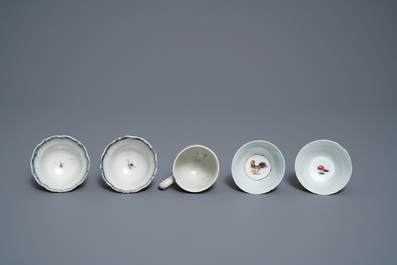 Five Chinese famille rose cups and saucers and two 'Mandarin' teapots, Yongzheng/Qianlong