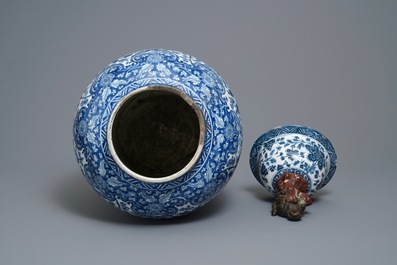 A pair of Chinese blue and white vases with faience replacement covers, Kangxi