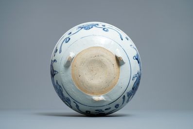 A large Chinese blue and white tripod censer, Ming