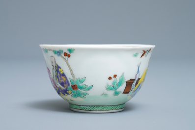 A Chinese famille rose cup and saucer after Cornelis Pronk: 'Doctor's visit', Qianlong