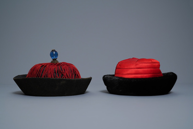 Three Chinese Mandarin officials' court hats, Qing