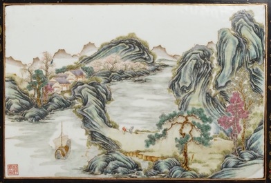 Two Chinese famille rose landscape plaques in a lacquered chest, marked Wang Yeting, 19/20th C.