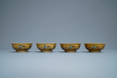 Four Chinese famille rose caf&eacute;-au-lait-ground bowls, Daoguang mark and of the period