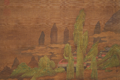 Ecole chinoise, sign&eacute; Yuanbian Xiang (1525-1590), encre et couleurs sur soie: 'Paysage d'apr&egrave;s Zhao Boju'