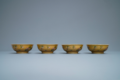 Four Chinese famille rose caf&eacute;-au-lait-ground bowls, Daoguang mark and of the period