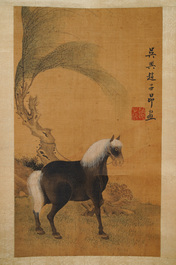 Chinese school, naar Zhao Mengfu (1254-1322), inkt en kleur op zijde, 19/20e eeuw: 'Vier paarden'