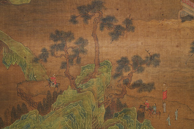 Ecole chinoise, sign&eacute; Yuanbian Xiang (1525-1590), encre et couleurs sur soie: 'Paysage d'apr&egrave;s Zhao Boju'