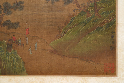 Chinese school, signed Yuanbian Xiang (1525-1590), ink and colour on silk: 'Landscape after Zhao Boju'