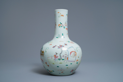 A Chinese famille rose vase with figurative medallions, Qianlong mark, 19th C.