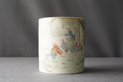 A Chinese qianjiang cai brush pot with fishermen, signed Tan Yin Jie, dated 1875-1884