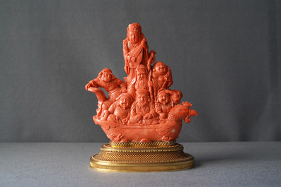 A Japanese carved red coral group of the seven lucky gods on a phoenix boat, Meiji, 19th C.