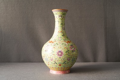 A Chinese famille rose lime green-ground vase, Qianlong mark, Republic